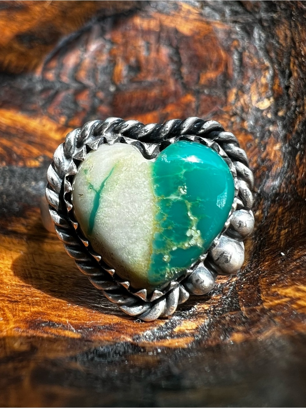 Sterling Silver Ribbon Turquoise Heart Ring Size 10 Adjustable